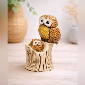 Artesania Rinconada #332 Owl Figurine Baby & Mother Tree Stump Uruguay Retired